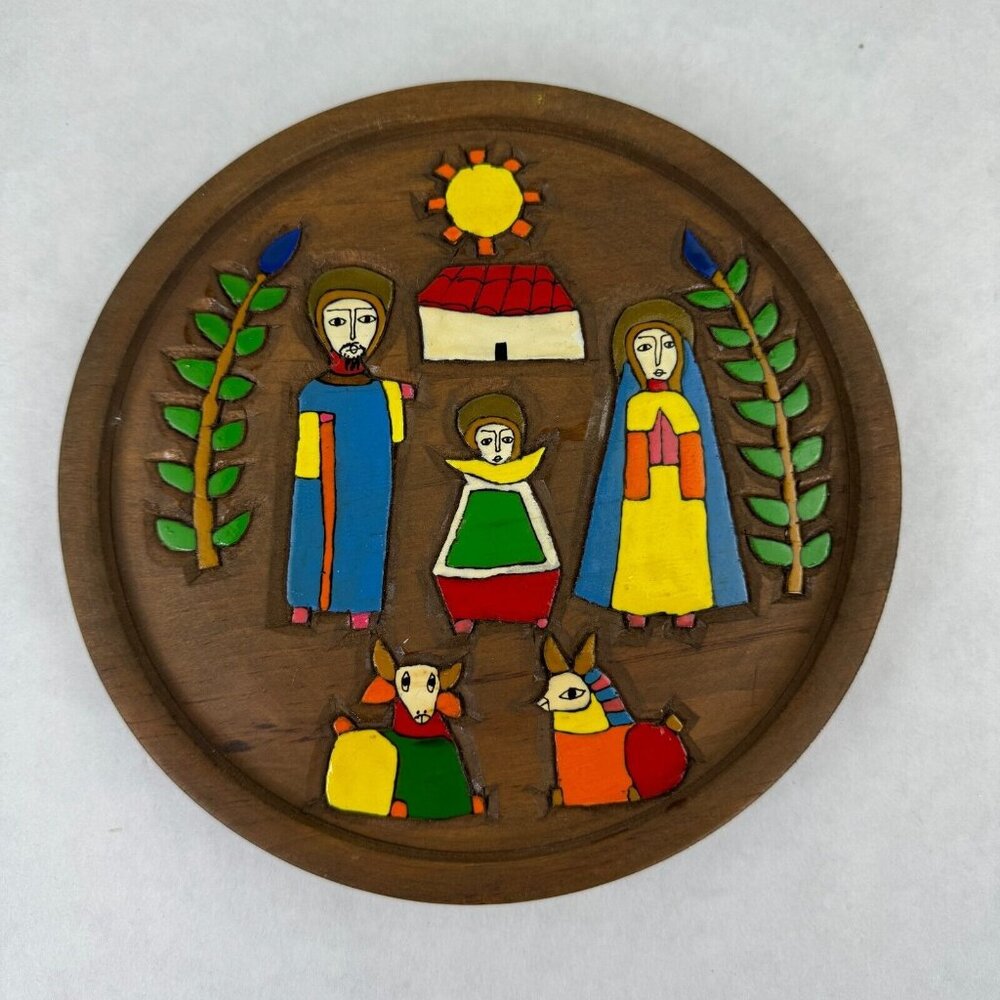 Hanging Wooden Plate Nativity Hand Painted Colorful Folk Art Handcrafted 7"